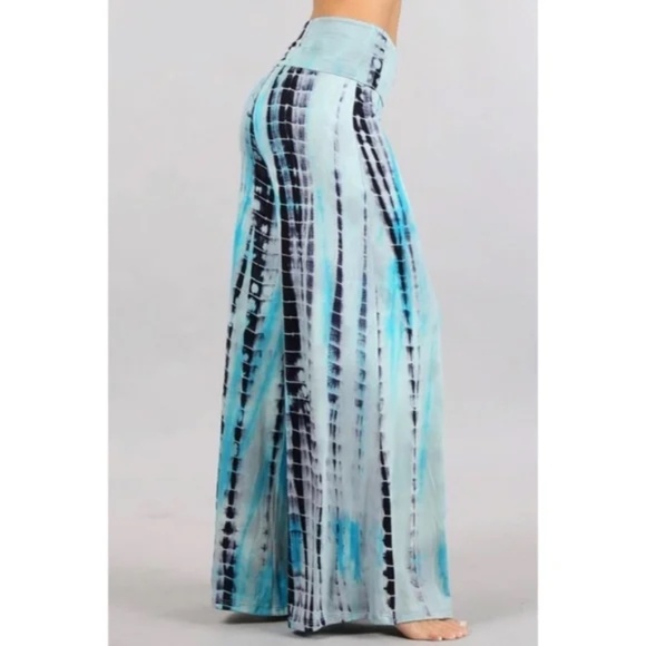 Aqua Blue Boho Tie Dye Foldover High Waist Wide Leg Palazzo Lounge Stretch Pants - Picture 4 of 6